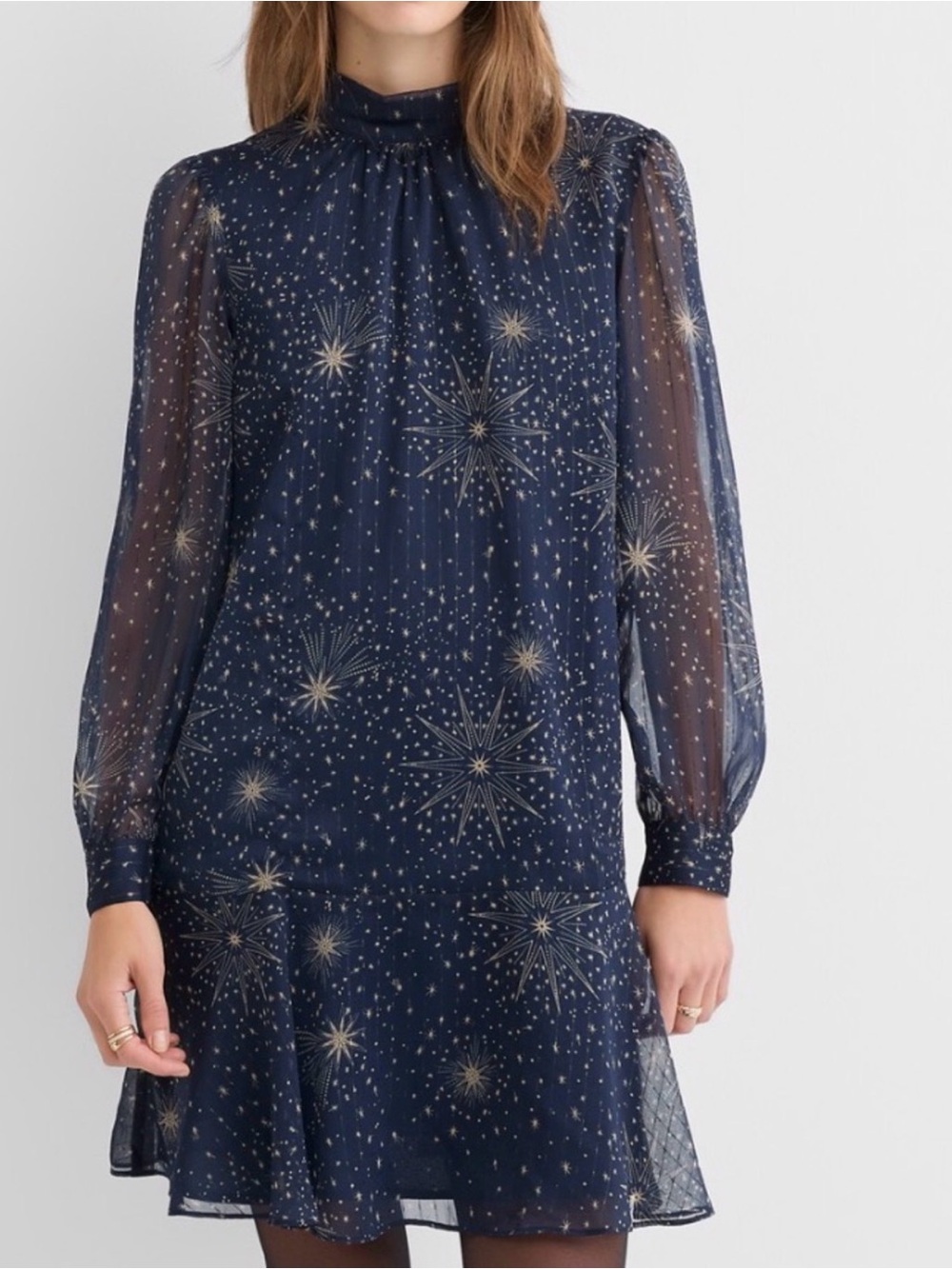 LOFT Navy Star-Print Long Sleeve Chiffon Dress